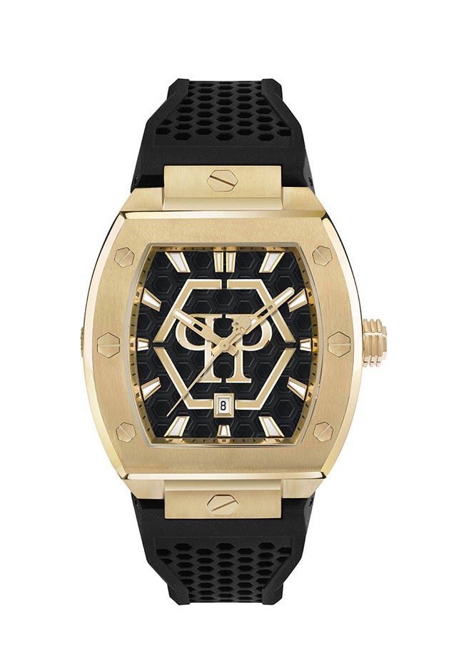 THE HEXAGON PHANTOM Philipp Plein Men's 44mm Watch, Black Case with Gold Accents, Silicone Strap, Swiss Quartz Movement, Bold Industrial Design