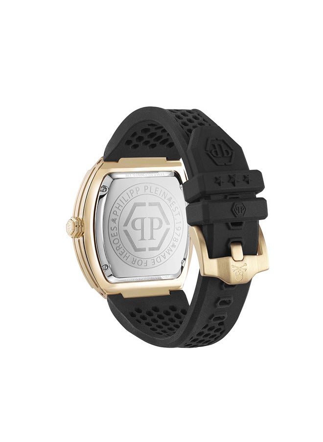 THE HEXAGON PHANTOM Philipp Plein Men's 44mm Watch, Black Case with Gold Accents, Silicone Strap, Swiss Quartz Movement, Bold Industrial Design