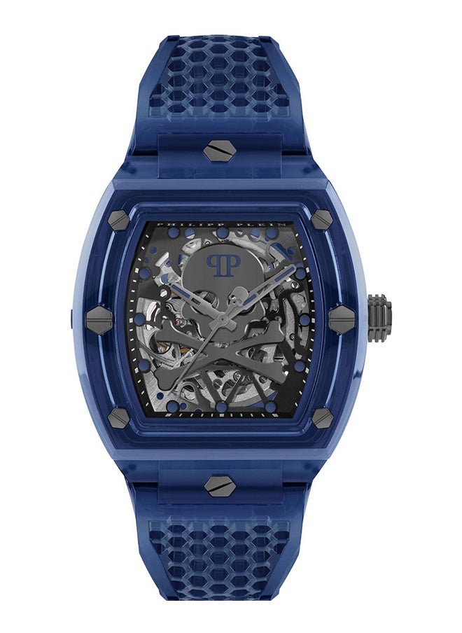 THE $KELETON CRYSTAL Philipp Plein Men's Tonneau Bezel Watch with Black Dial, Sharp Silver-Tone Detailing, and Deep Blue Strap - 44mm TR90 Automatic Timepiece