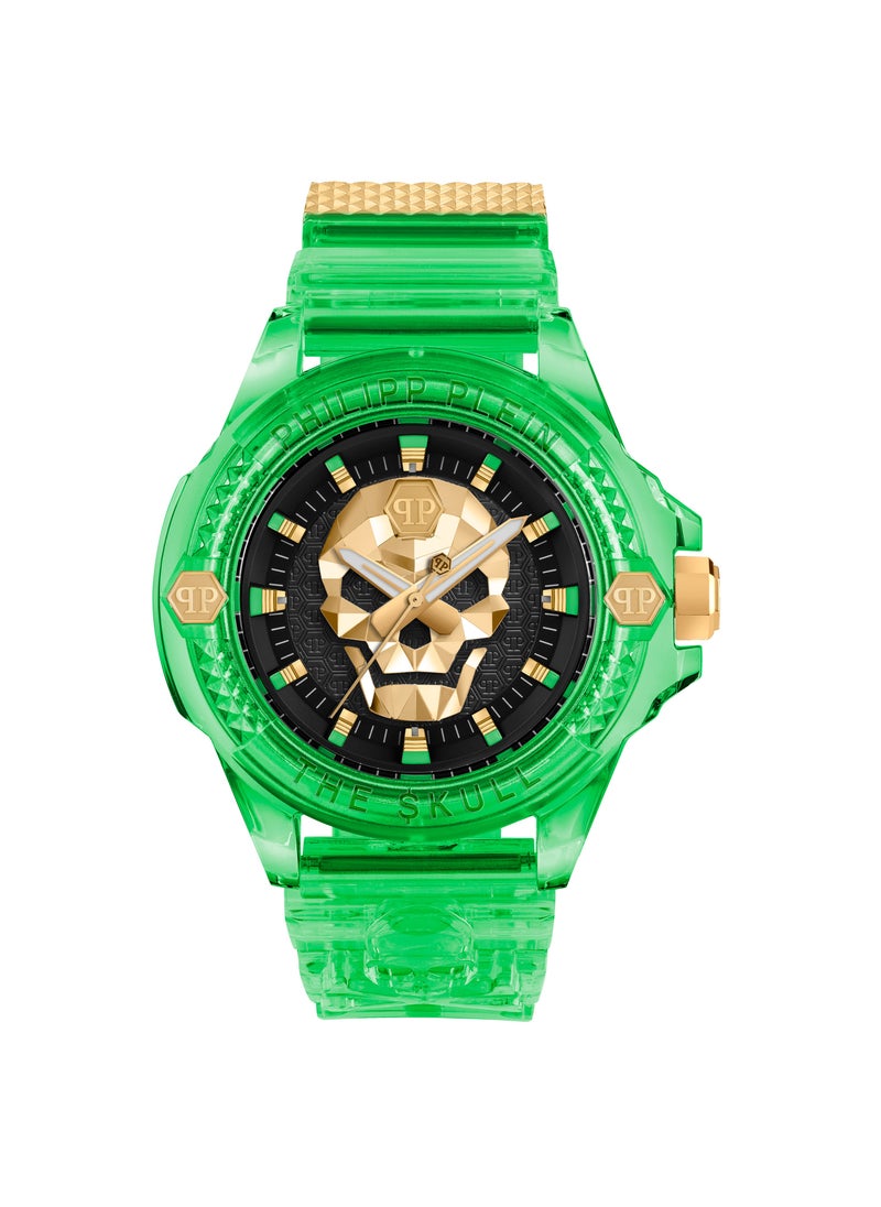 THE $KULL SCUBA DUBA EDITION Men's 45mm Neon Green Watch by Philipp Plein, Golden Skull Dial, Transparent Case, Water Resistant to 50m