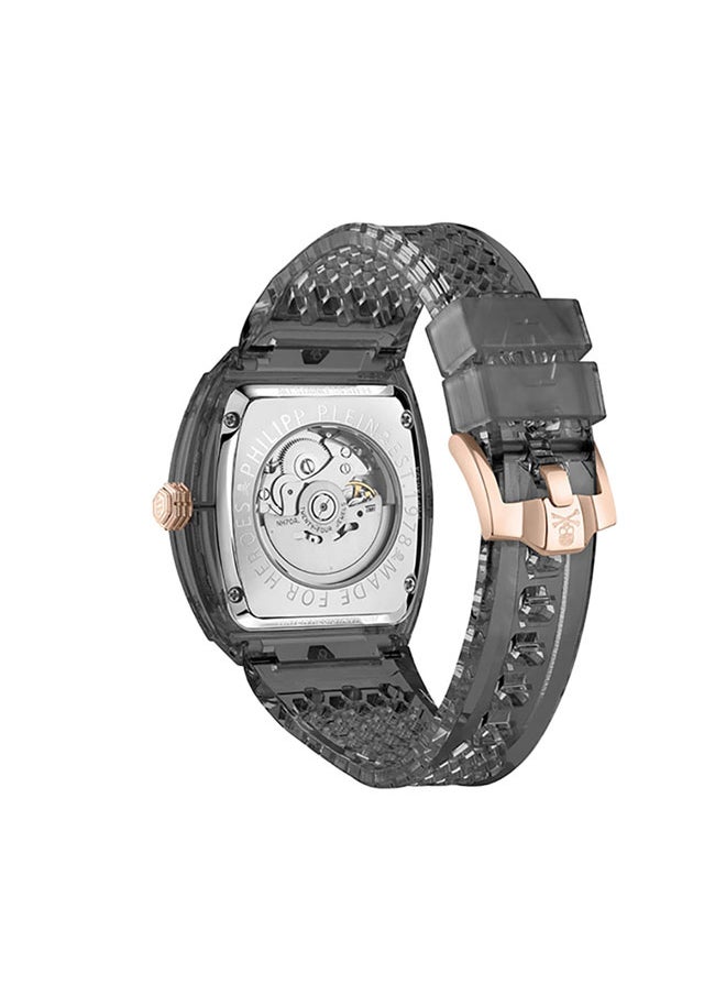 THE $KELETON CRYSTAL Philipp Plein Men's 44mm Tonneau Bezel Watch in Grey and Rose Gold with Hex Bolt Detailing and Sleek Silicone Strap - Automatic Timepiece