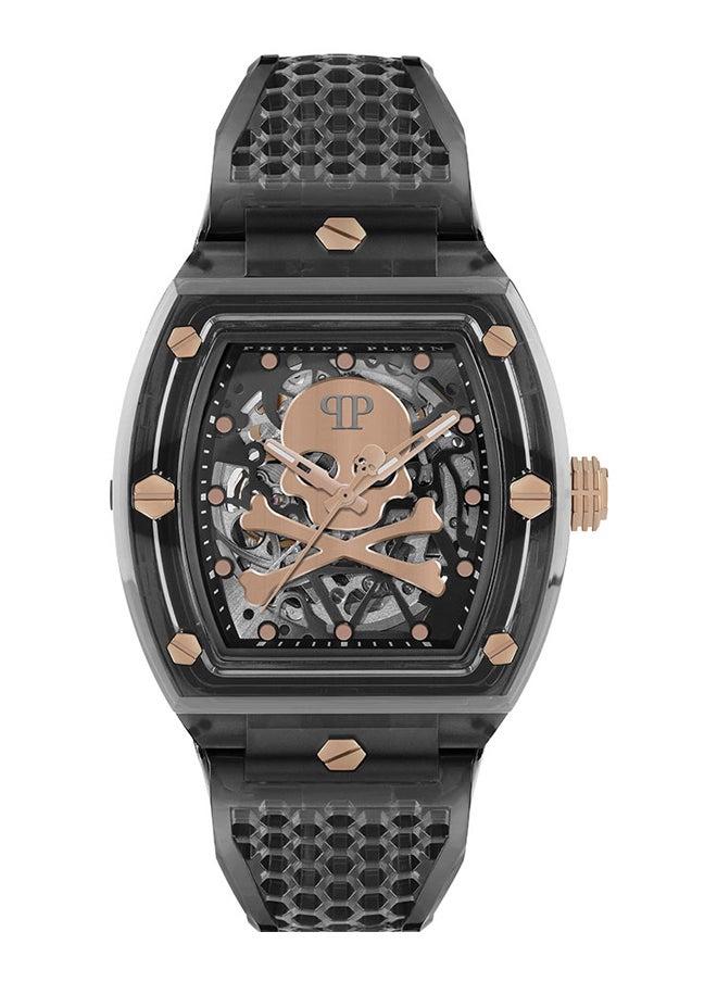 THE $KELETON CRYSTAL Philipp Plein Men's 44mm Tonneau Bezel Watch in Grey and Rose Gold with Hex Bolt Detailing and Sleek Silicone Strap - Automatic Timepiece