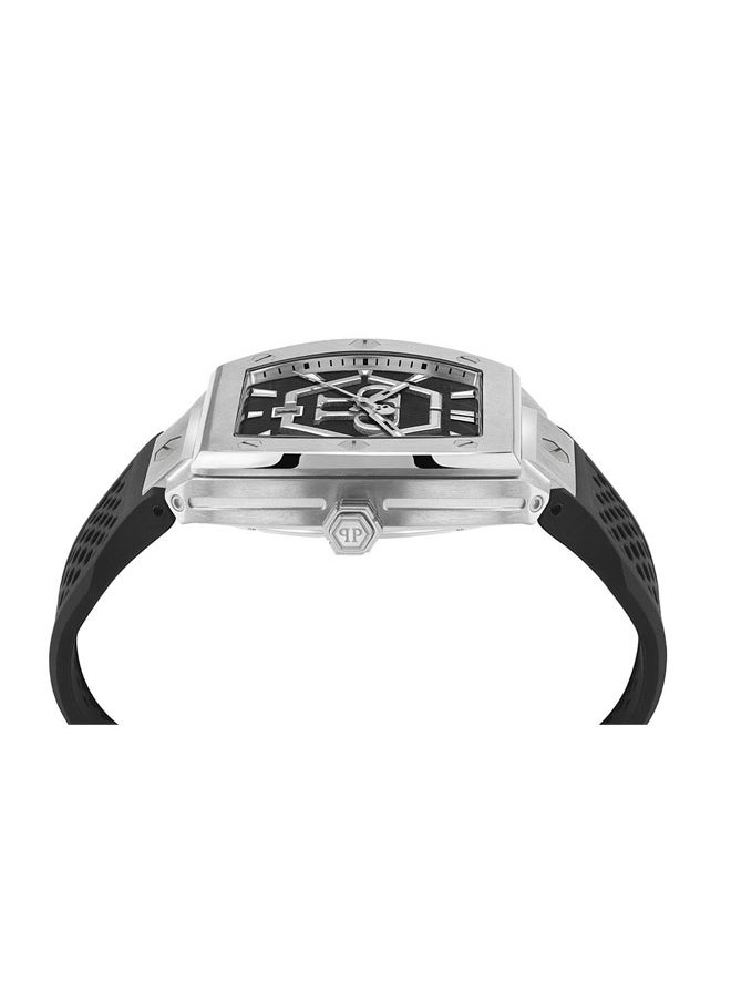 THE HEXAGON PHANTOM Philipp Plein Men's 44mm Watch, Silver Accents, Black Silicone Strap, Bold Hex Bolt Detailing, Stainless Steel Case, Swiss Quartz Movement, 50M Water Resistance