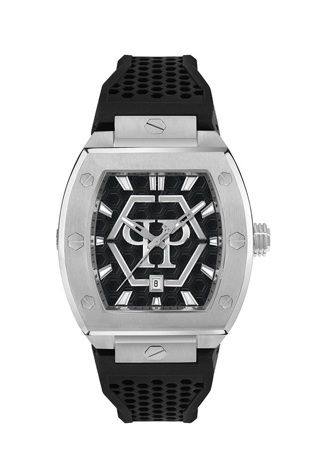 THE HEXAGON PHANTOM Philipp Plein Men's 44mm Watch, Silver Accents, Black Silicone Strap, Bold Hex Bolt Detailing, Stainless Steel Case, Swiss Quartz Movement, 50M Water Resistance