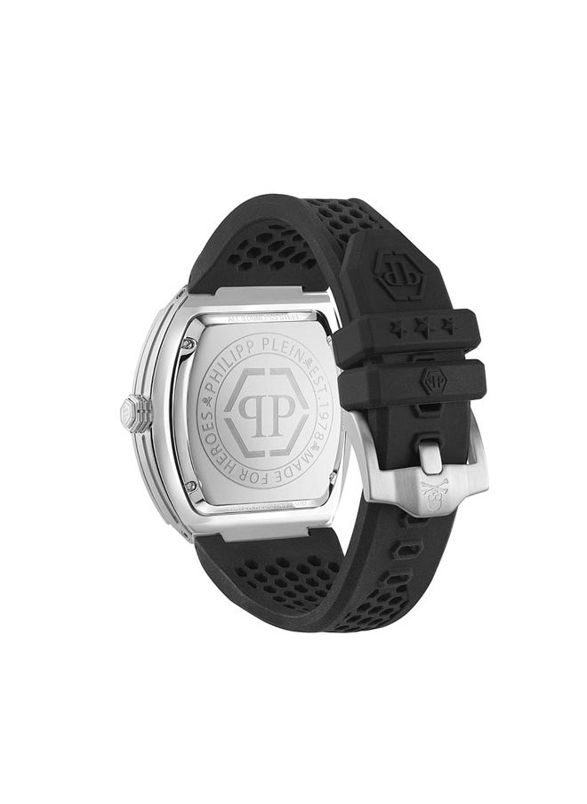 THE HEXAGON PHANTOM Philipp Plein Men's 44mm Watch, Silver Accents, Black Silicone Strap, Bold Hex Bolt Detailing, Stainless Steel Case, Swiss Quartz Movement, 50M Water Resistance