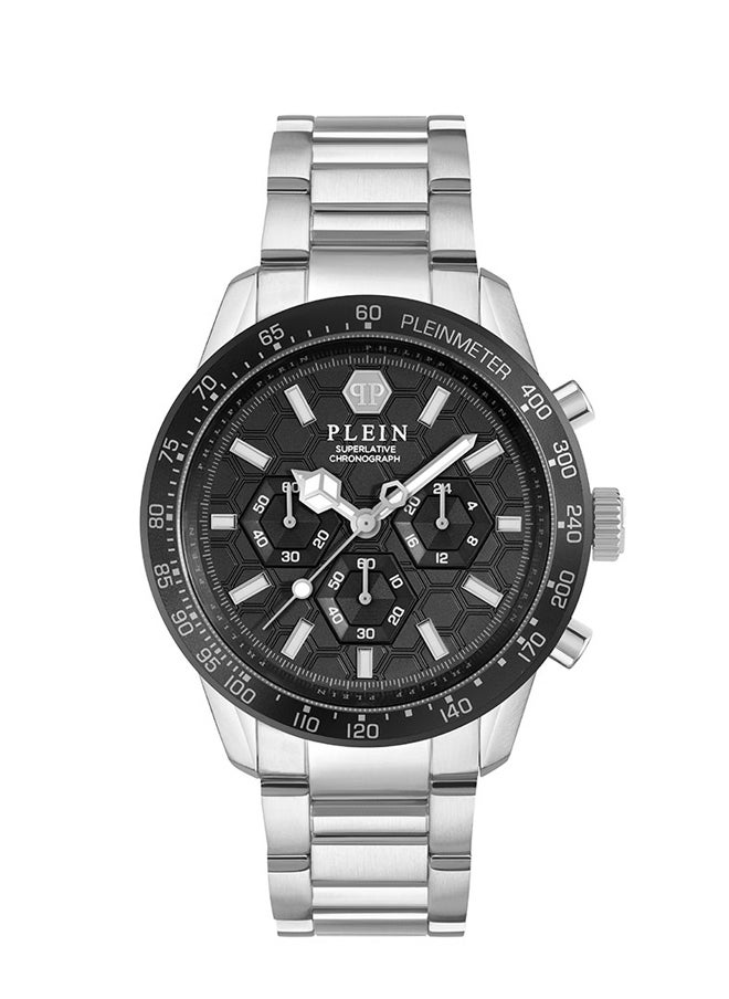 PLEINMETER Philipp Plein Men's Chronograph Watch, Silver & Black Design, Luminous Markers, Stainless Steel Bracelet, 44mm Case, 50m Water Resistant