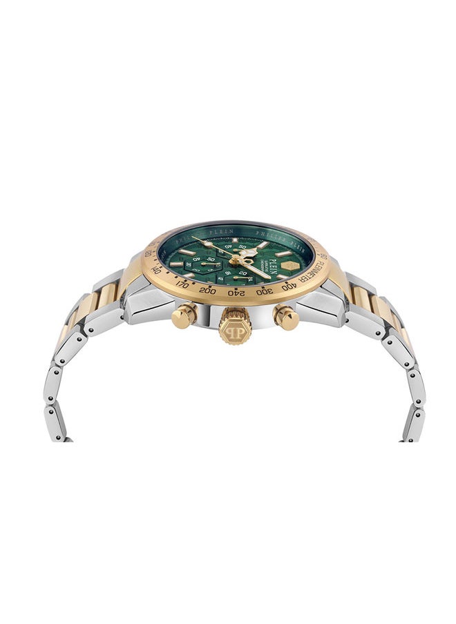 PLEINMETER Philipp Plein Supreme Men's Chronograph Watch, Gold & Emerald Green Design, Two-Tone Bracelet, 44mm Stainless Steel Case, 50m Water Resistant