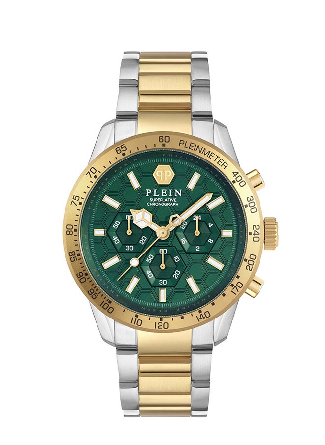 PLEINMETER Philipp Plein Supreme Men's Chronograph Watch, Gold & Emerald Green Design, Two-Tone Bracelet, 44mm Stainless Steel Case, 50m Water Resistant