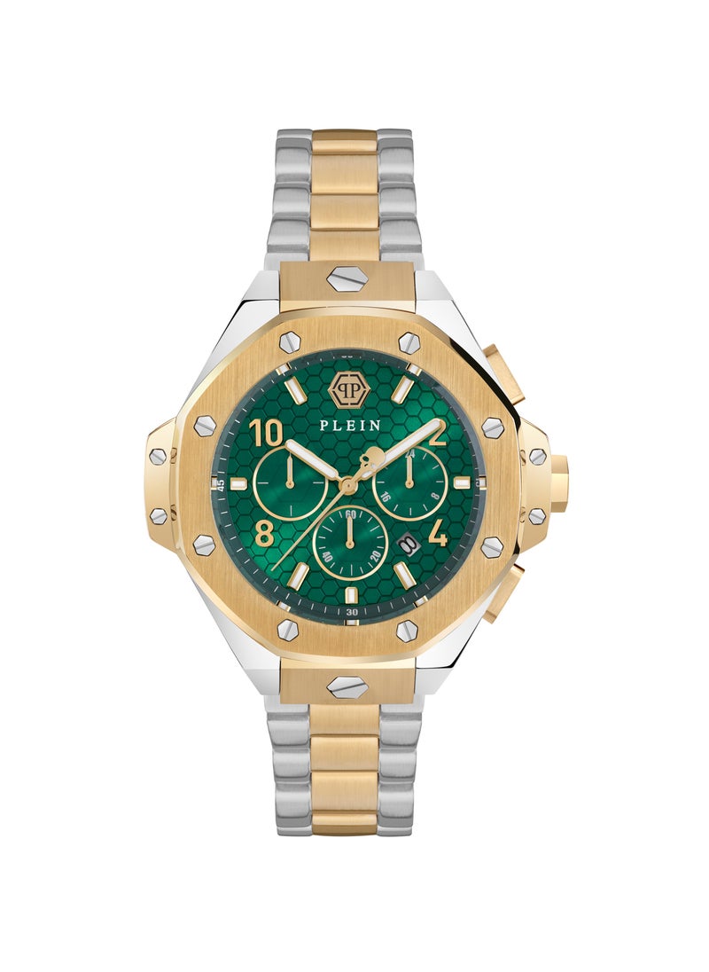 PLEIN CHRONO ROYAL Philipp Plein Men's Watch, 46mm Green Dial with Honeycomb Pattern, Dual-Tone Stainless Steel Bracelet, Chrono Quartz Movement, 50m Water Resistance