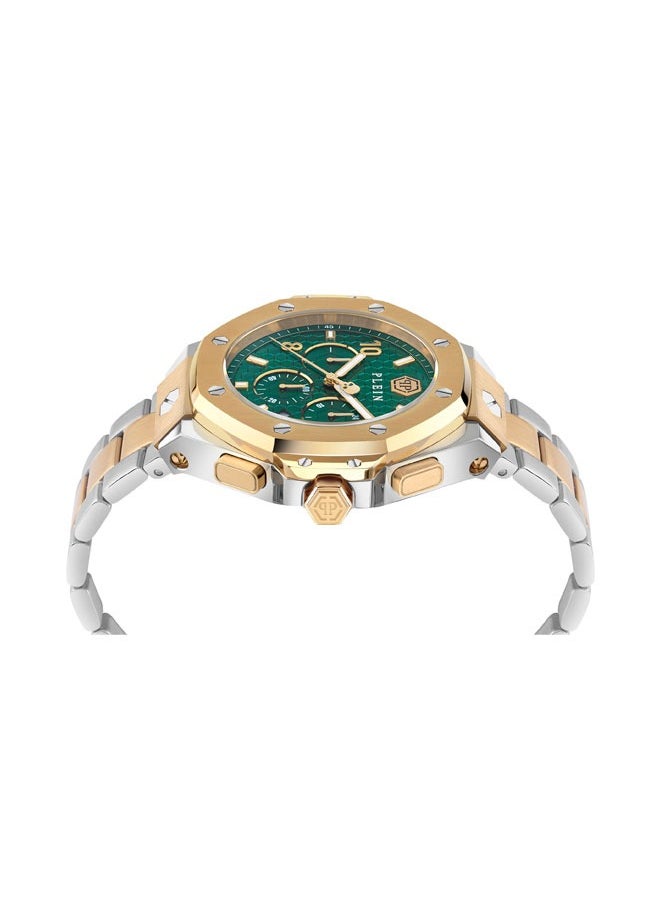 PLEIN CHRONO ROYAL Philipp Plein Men's Watch, 46mm Green Dial with Honeycomb Pattern, Dual-Tone Stainless Steel Bracelet, Chrono Quartz Movement, 50m Water Resistance