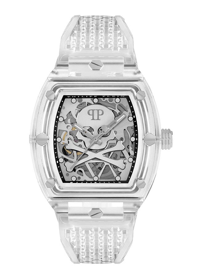 The $Keleton Crystal Philipp Plein Men's 44mm White Chronograph Watch with Tonneau Bezel, Hex Bolt Detailing, and Silicone Strap - Bold, Sophisticated Timepiece