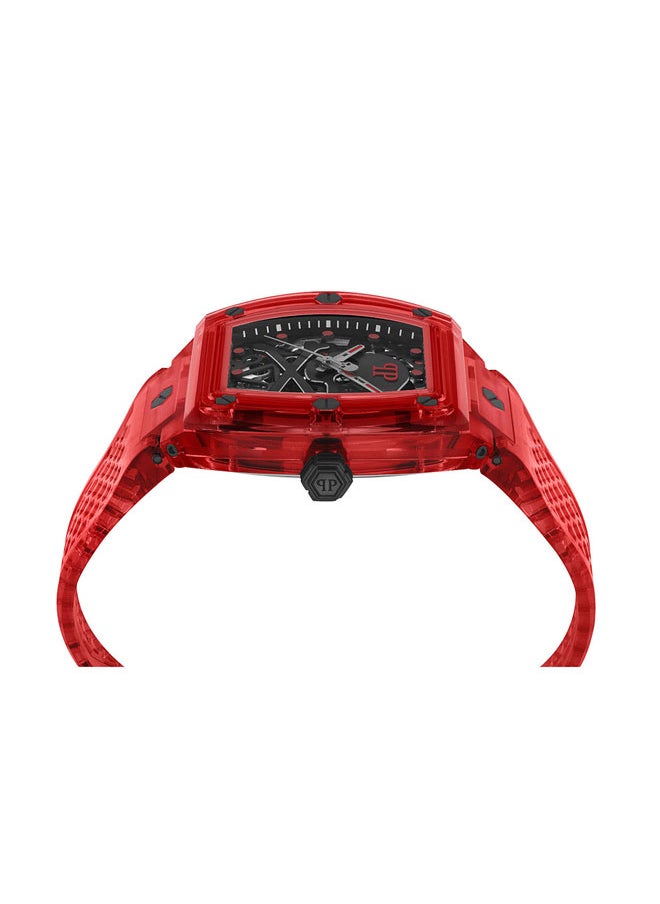 The $keleton Crystal Men's Tonneau 44mm 3-Hand Automatic Watch with Jet-Black Skull Dial, Bold Red Accents & TR90 Case