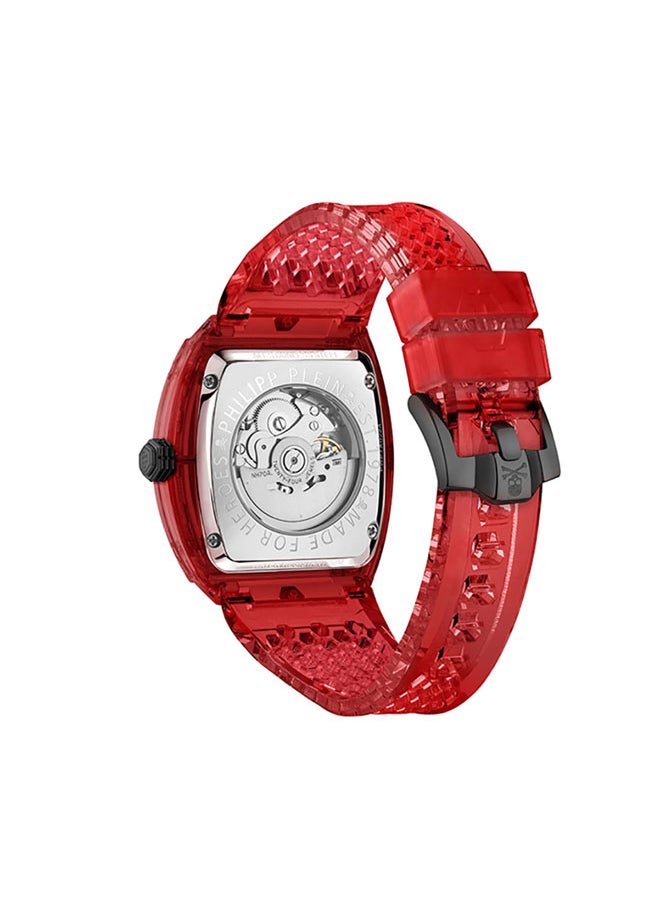 The $keleton Crystal Men's Tonneau 44mm 3-Hand Automatic Watch with Jet-Black Skull Dial, Bold Red Accents & TR90 Case