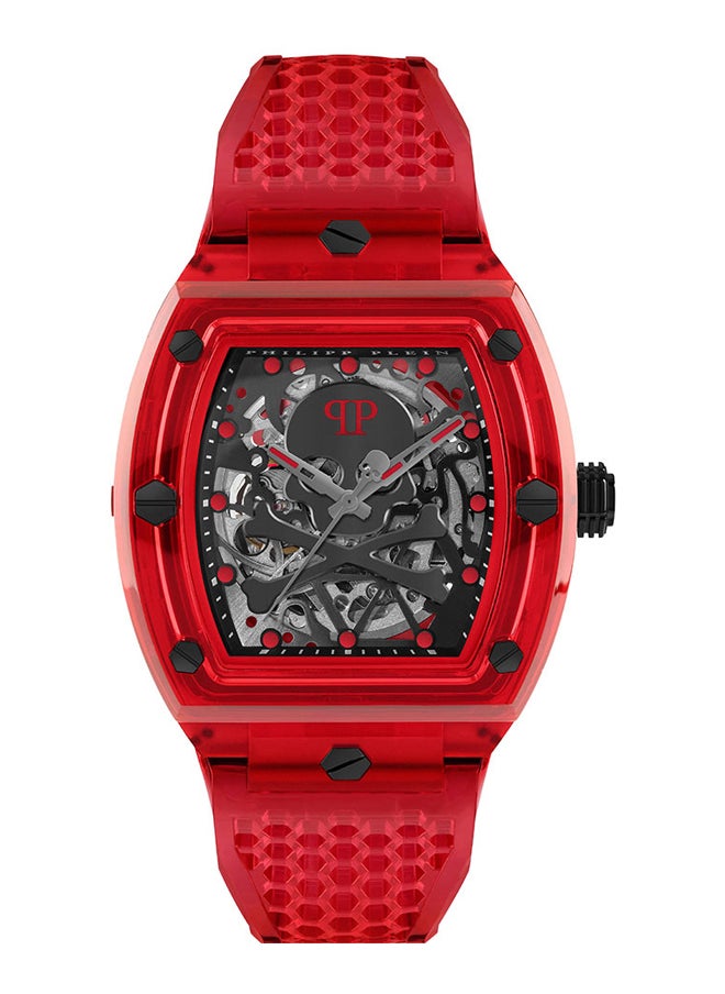 The $keleton Crystal Men's Tonneau 44mm 3-Hand Automatic Watch with Jet-Black Skull Dial, Bold Red Accents & TR90 Case