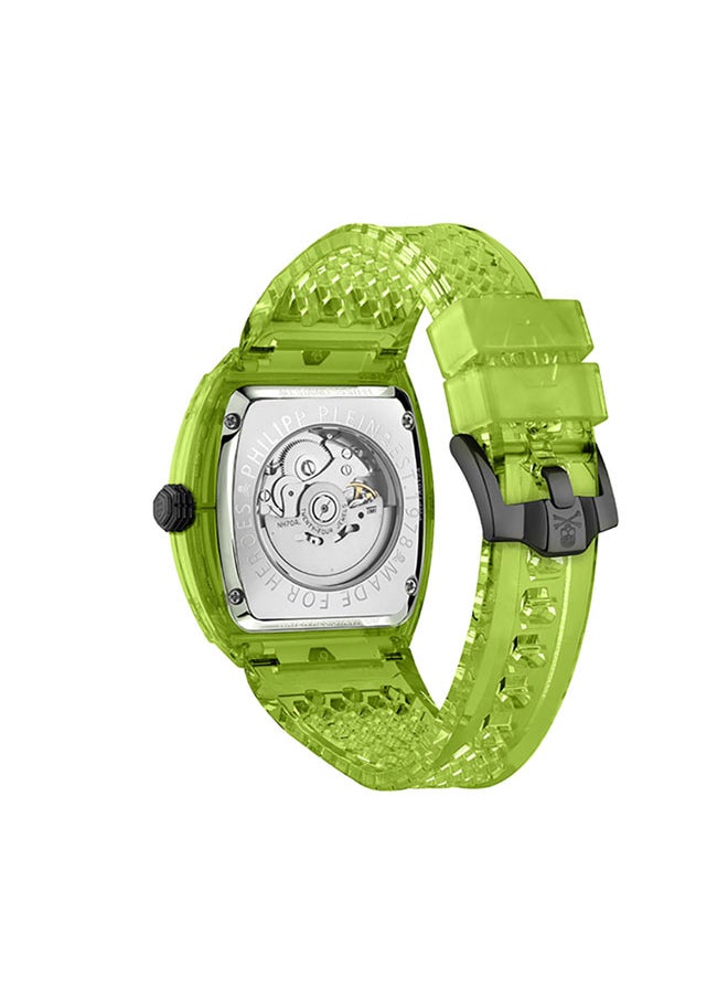 The $Keleton Crystal Men's 44mm 3-Hand Automatic Watch with Bold Black Dial, Vibrant Green Design & TR90 Case