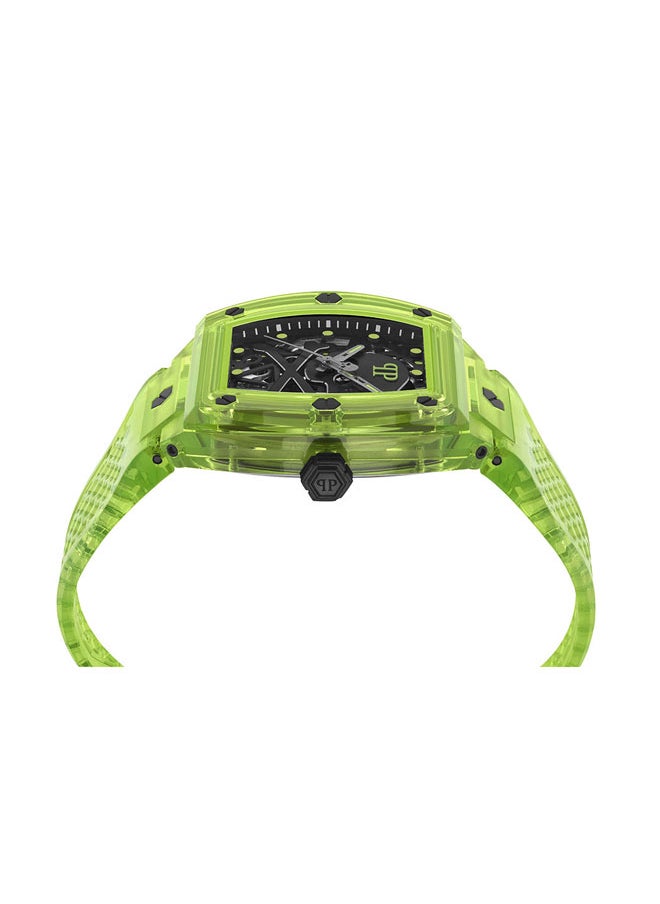 The $Keleton Crystal Men's 44mm 3-Hand Automatic Watch with Bold Black Dial, Vibrant Green Design & TR90 Case