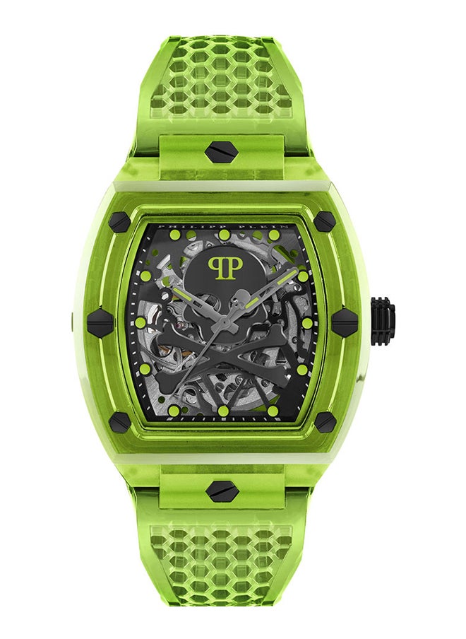 The $Keleton Crystal Men's 44mm 3-Hand Automatic Watch with Bold Black Dial, Vibrant Green Design & TR90 Case