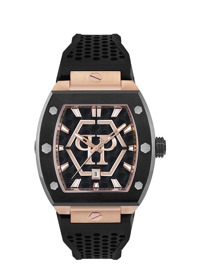 THE HEXAGON PHANTOM Philipp Plein Men's 44mm Watch with Black Honeycomb Dial, Rose Gold Accents & Silicone Strap - Swiss Movement