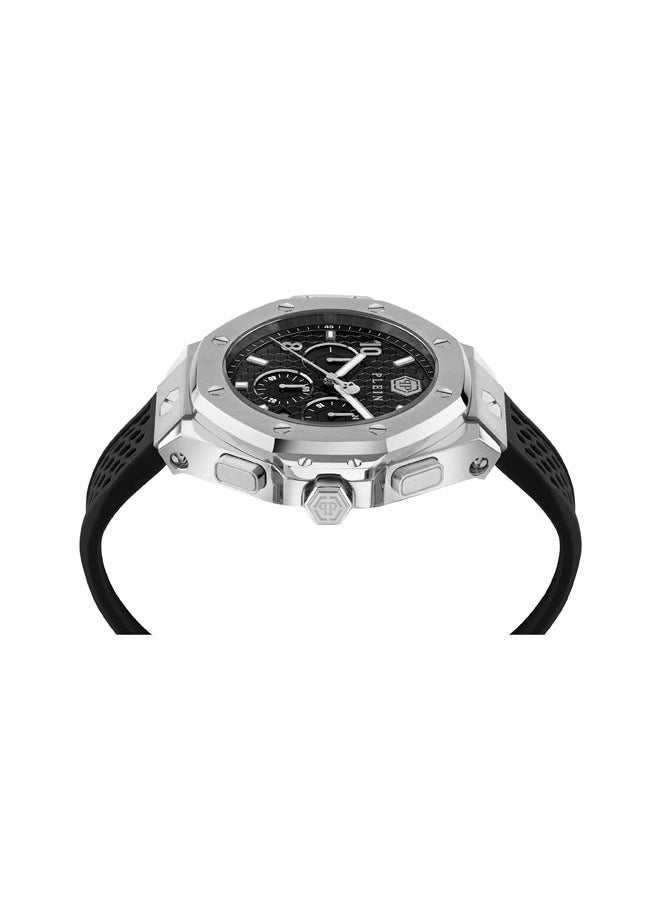 PLEIN CHRONO ROYAL Philipp Plein Men's Watch, 46mm Chrono Quartz, Black Silicone Strap, Stainless Steel Case, Stylish & Functional, 50m Water Resistance