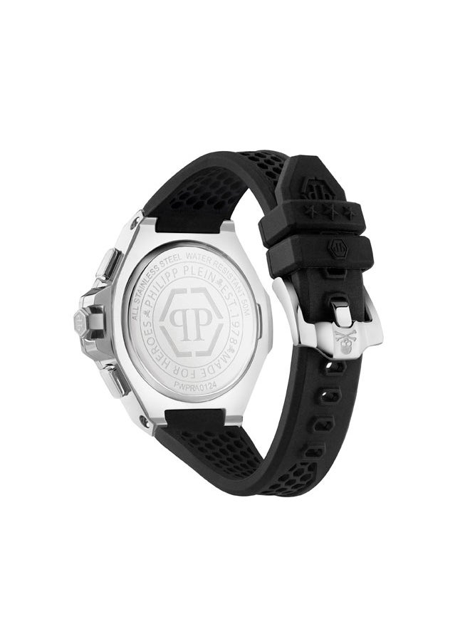 PLEIN CHRONO ROYAL Philipp Plein Men's Watch, 46mm Chrono Quartz, Black Silicone Strap, Stainless Steel Case, Stylish & Functional, 50m Water Resistance