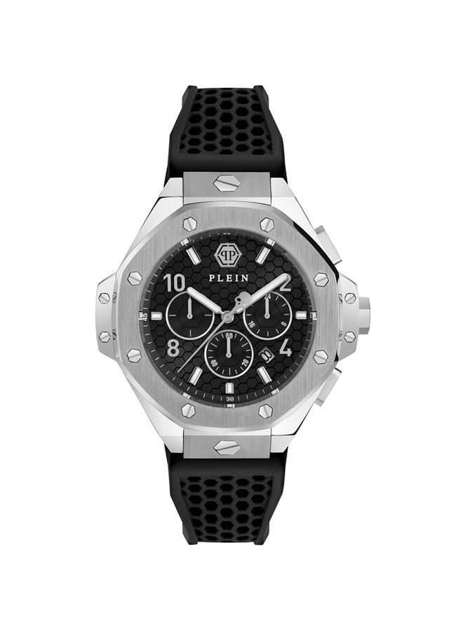 PLEIN CHRONO ROYAL Philipp Plein Men's Watch, 46mm Chrono Quartz, Black Silicone Strap, Stainless Steel Case, Stylish & Functional, 50m Water Resistance