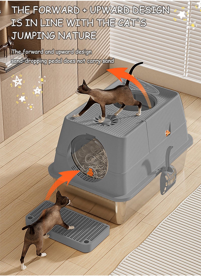 Creative Fully Enclosed Pet Litter Box Large Capacity Cat Toilet Box Pet Garbage Room Stainless Steel Tray Abs Anti-Overflow Cover Removable 60*40*39cm