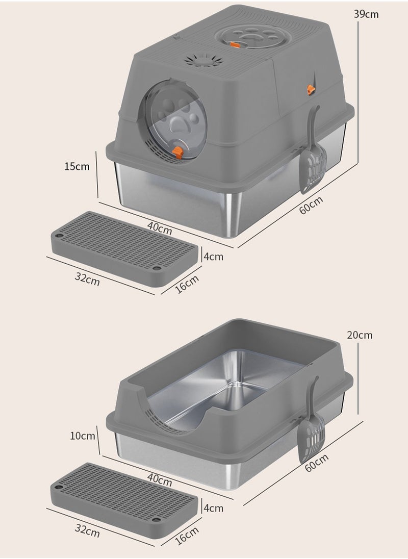 Creative Fully Enclosed Pet Litter Box Large Capacity Cat Toilet Box Pet Garbage Room Stainless Steel Tray Abs Anti-Overflow Cover Removable 60*40*39cm