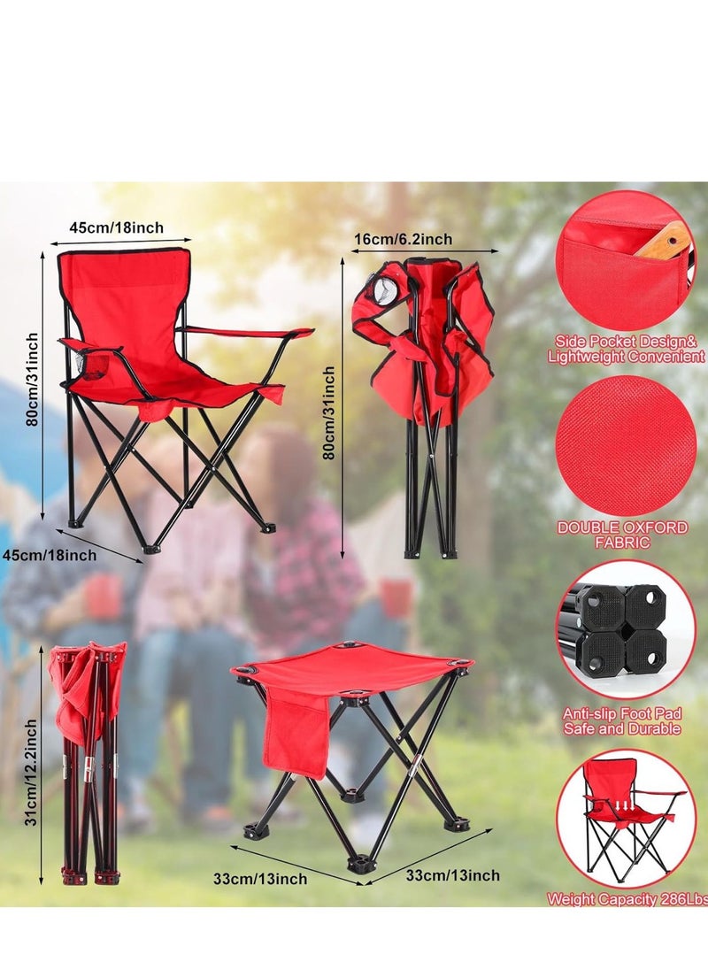 Camping Table and Chair Set of 2, Portable Camp Chairs Lawn Chair, Lightweight Camp Table, Foldable Camping Stool with Cup Holder Carrying Bag for Beach BBQ Sport Hiking Fishing (Red)