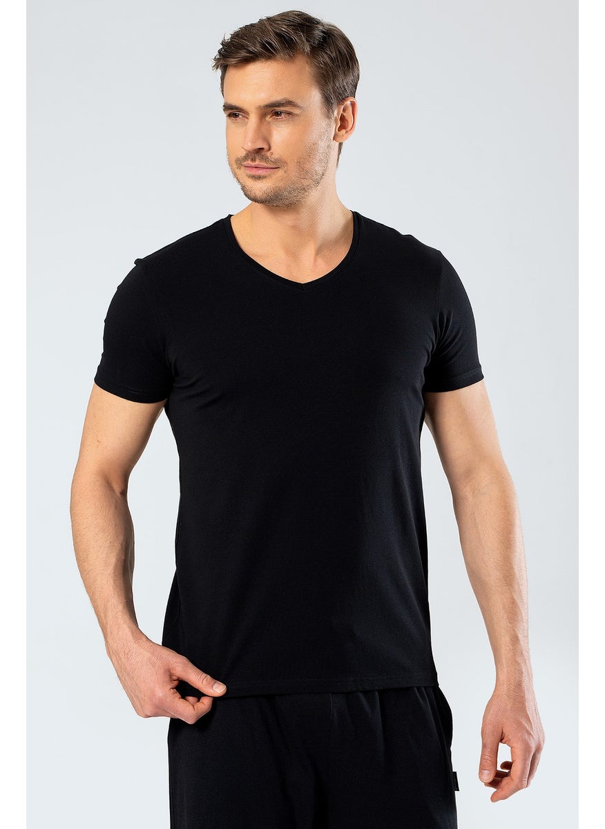 1332 V Neck Short Sleeved Men's T-Shirt - Black