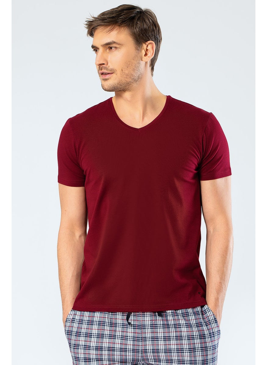 1332 V-Neck Short Sleeved Men's T-Shirt - Claret Red