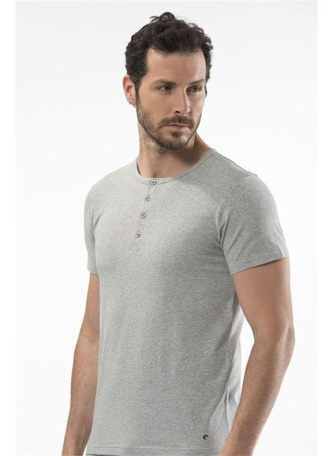 1308 Buttoned Short Sleeve Men's T-Shirt - Gray Melange