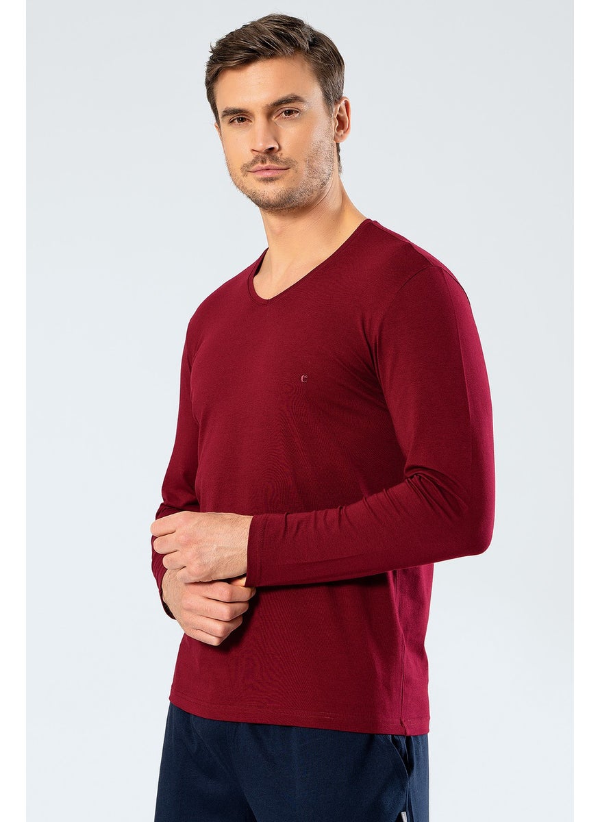 1334 Men's V-Neck Long Sleeved T-Shirt - Claret Red