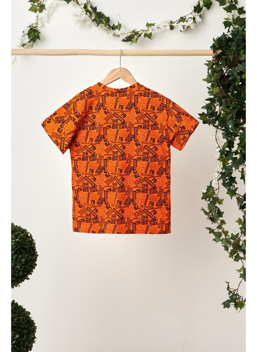 Orange Boy's Short Sleeve Patterned Crew Neck Anti-Sweat, Soft Comfortable 100% Cotton Combed Cotton T-Shirt