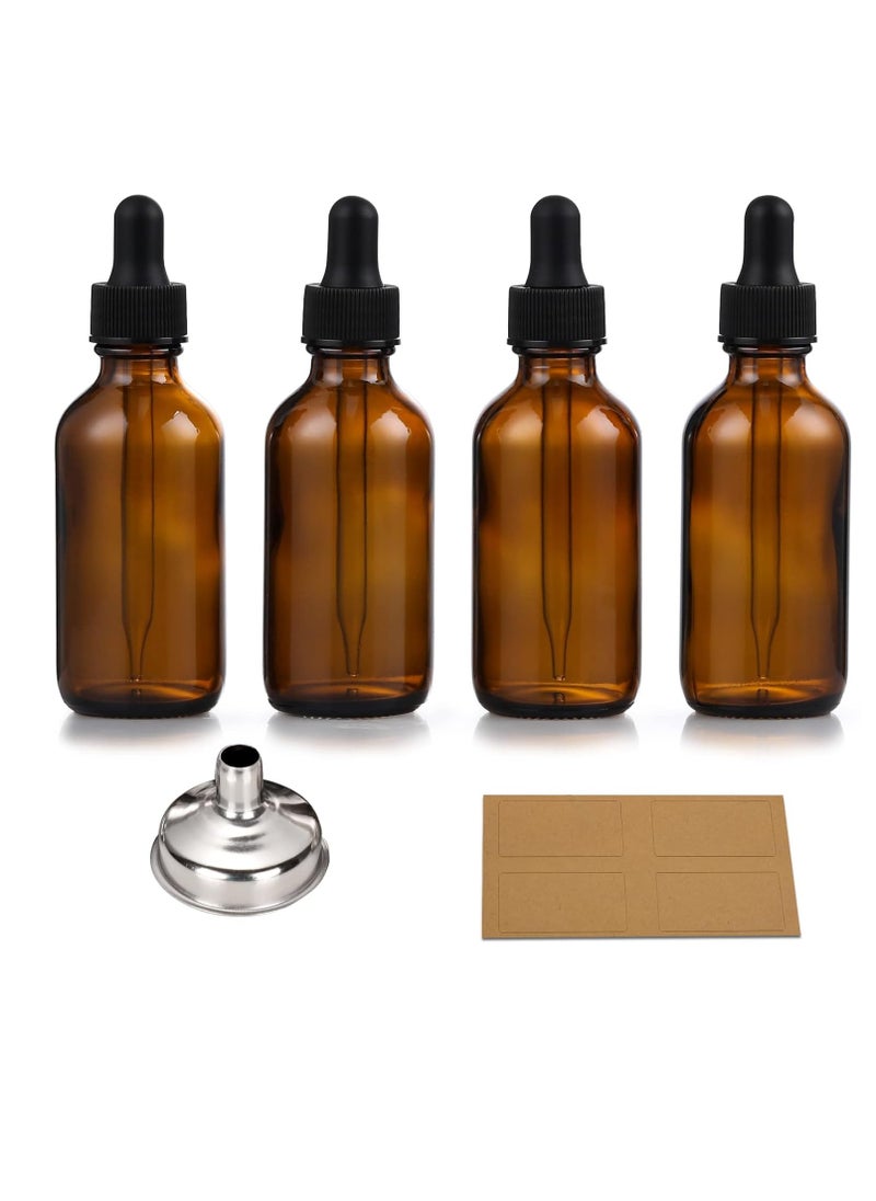 AOZITA Set of 4, 1 oz Eye Dropper Bottles with 1 Stainless Steel Funnels & 4 Labels - 30ml Thick Dark Amber Glass Tincture Bottles - Leakproof Essential Oils Bottle for Storage and Travel