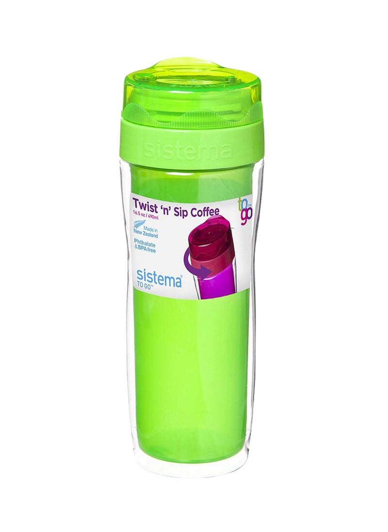 Sistema Twist N Sip Coffee TO GO Multipurpose 490ML Bottle, with insulated Chamber. Its food safe & durable plastic material. Dishwasher, Fridge safe and BPA Free, Green. , Made In New Zealand