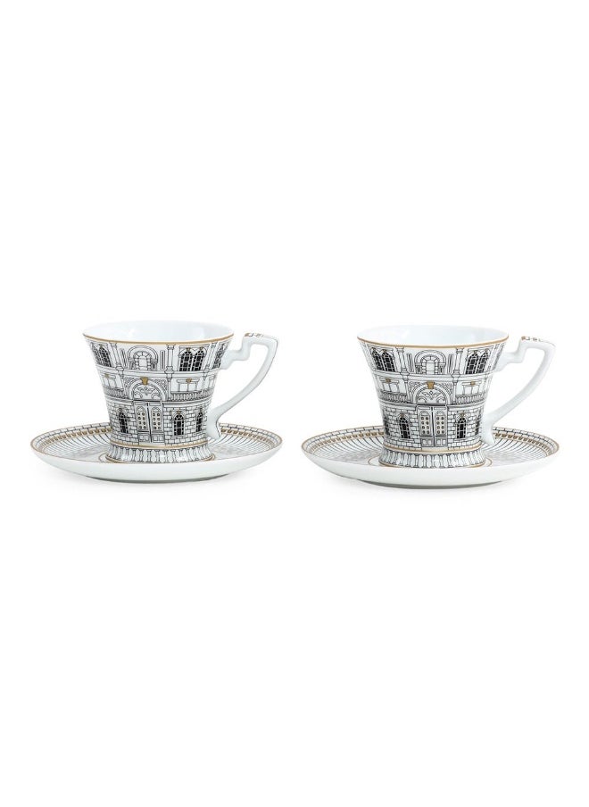 Palazzo Coffee Cup And Saucer, White And Black - Set Of 2, 80 Ml