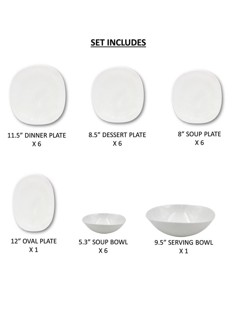 Melrich 26 Pcs Opal ware Dinner Set 6 Dinner plate 6 Dessert Plate 6 Soup plate 6 Bowl 1 Oval Plate 1 Serving Bowl Dishwasher safe Microwave Safe