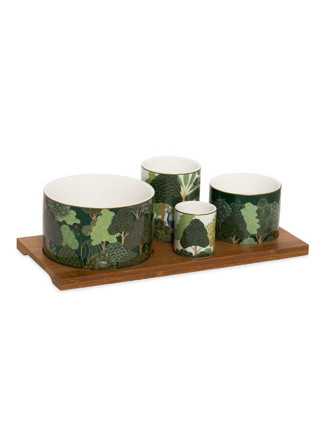 Woodli Bamboo Bowls Set With Tray, Green - 29X13Cm