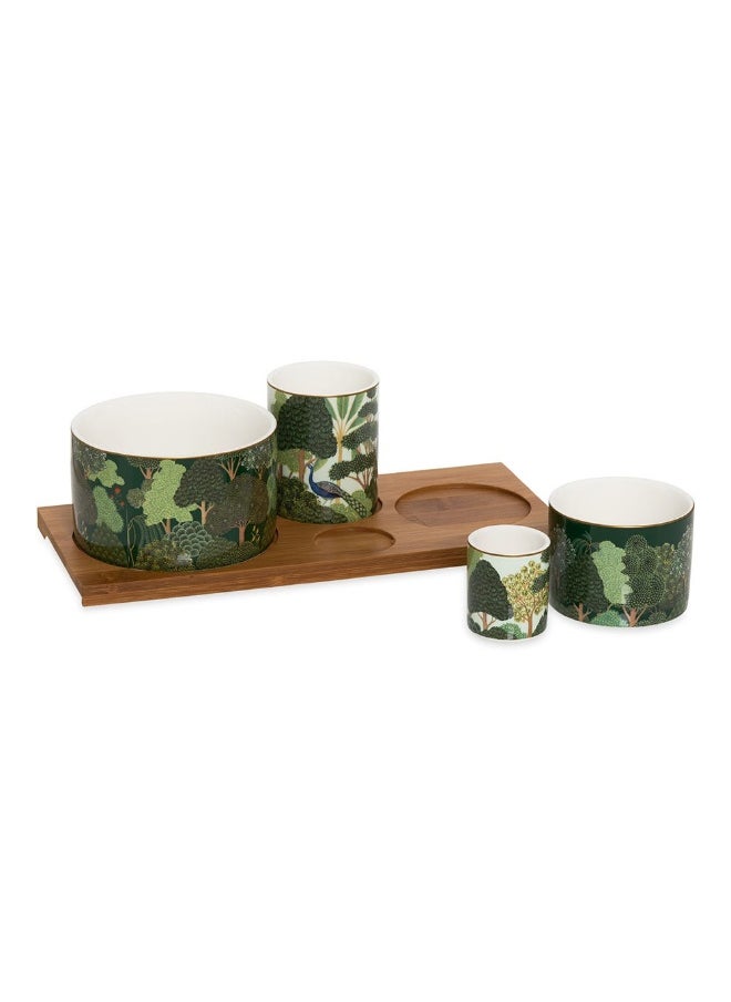 Woodli Bamboo Bowls Set With Tray, Green - 29X13Cm