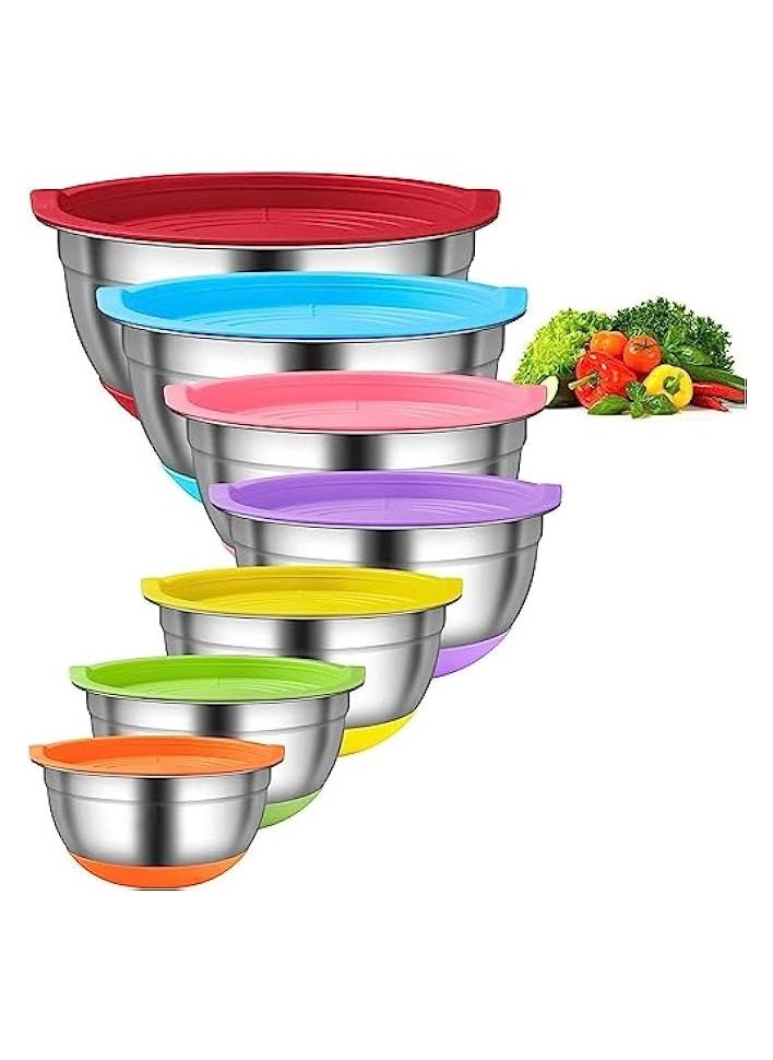 Mixing Bowls with Airtight Lids, Stackable Stainless Steel Mixing Bowls Set, Space Saving Storage, Non-slip Bottom Mixing Bowls for Mixing and Prepping Different Sizes (multicolor, 7 Pcs)