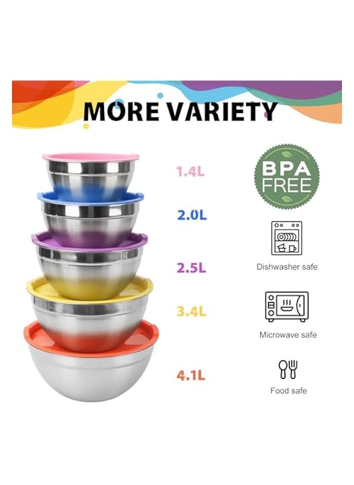 Mixing Bowls with Lids, 5PCS Stainless Steel Metal Salad Nesting Storage Bowls Set for Mixing, Storing, Food Preparation