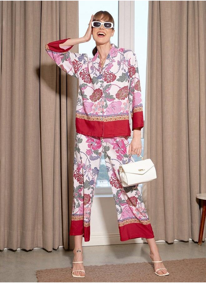 Women White Floral Notch Collar Shirt With Lounge Pants