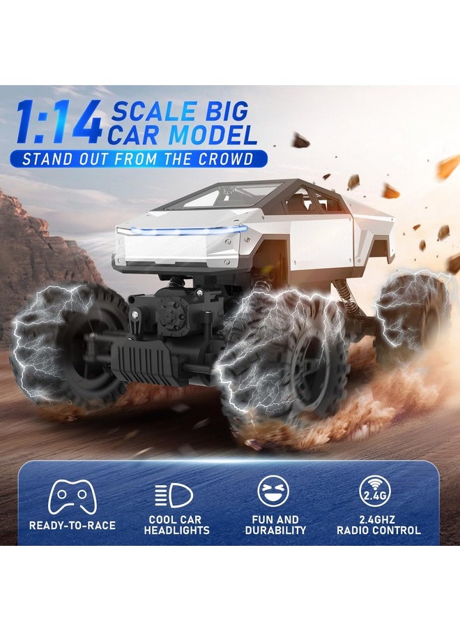 Rc Truck, 1:14 Scale Big Cybertruck Model 4Wd With Alloy Shell Dual Motors Led Headlight Remote Control Truck Off Road Rc Car, 2.4Ghz All Terrain Rock Crawler For Boy Kids Adults