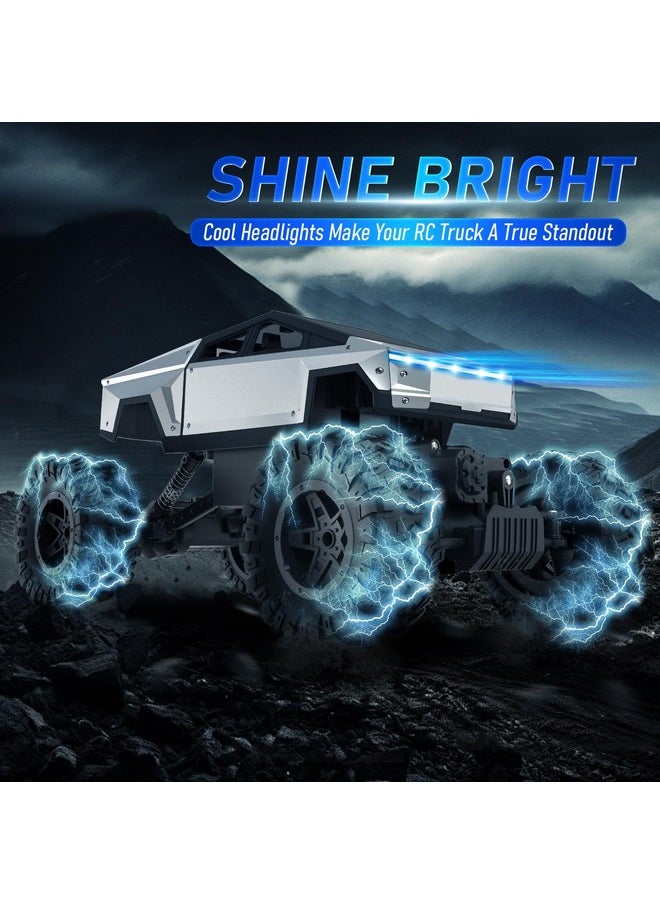 Rc Truck, 1:14 Scale Big Cybertruck Model 4Wd With Alloy Shell Dual Motors Led Headlight Remote Control Truck Off Road Rc Car, 2.4Ghz All Terrain Rock Crawler For Boy Kids Adults