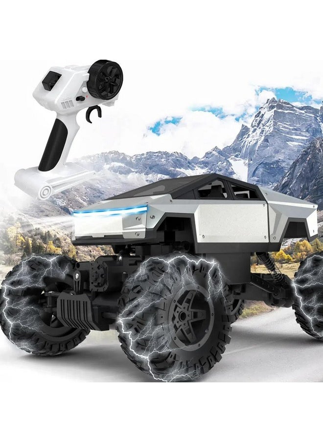 Rc Truck, 1:14 Scale Big Cybertruck Model 4Wd With Alloy Shell Dual Motors Led Headlight Remote Control Truck Off Road Rc Car, 2.4Ghz All Terrain Rock Crawler For Boy Kids Adults