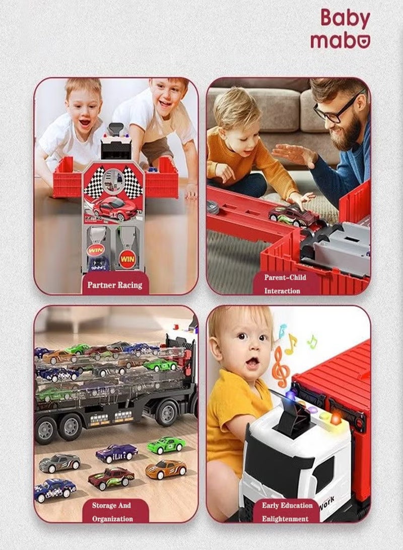 Race Car Track Toy Truck Toy with Slots & Foldable Race Tracks Transport Car Carrier Toy for Toddlers Cars Toy Set Container Truck Toy with 8 Alloy Cars Vehicles Toy Set for 3+ Kids Boys Girls