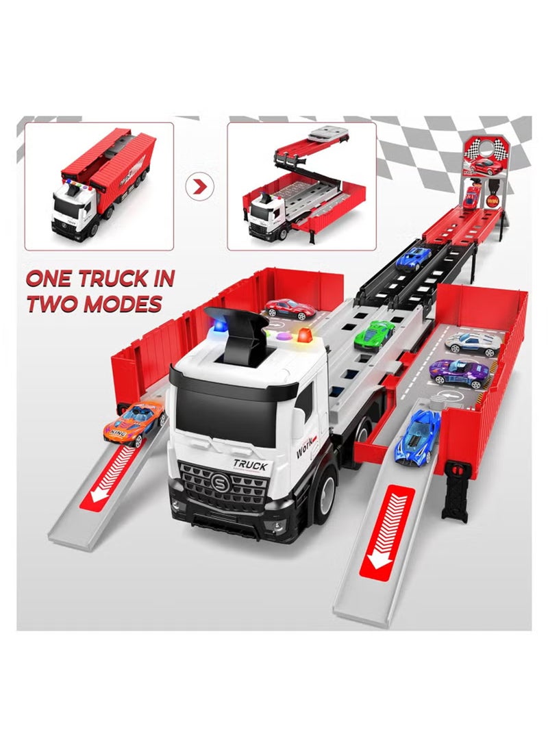 Race Car Track Toy Truck Toy with Slots & Foldable Race Tracks Transport Car Carrier Toy for Toddlers Cars Toy Set Container Truck Toy with 8 Alloy Cars Vehicles Toy Set for 3+ Kids Boys Girls