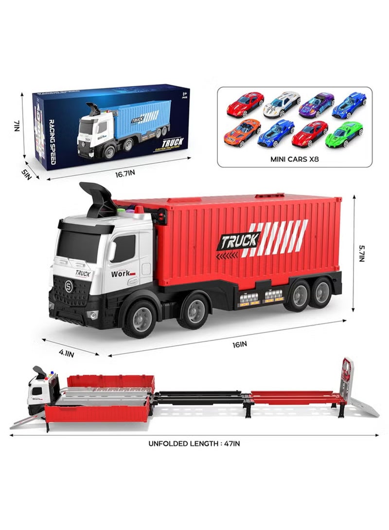 Race Car Track Toy Truck Toy with Slots & Foldable Race Tracks Transport Car Carrier Toy for Toddlers Cars Toy Set Container Truck Toy with 8 Alloy Cars Vehicles Toy Set for 3+ Kids Boys Girls