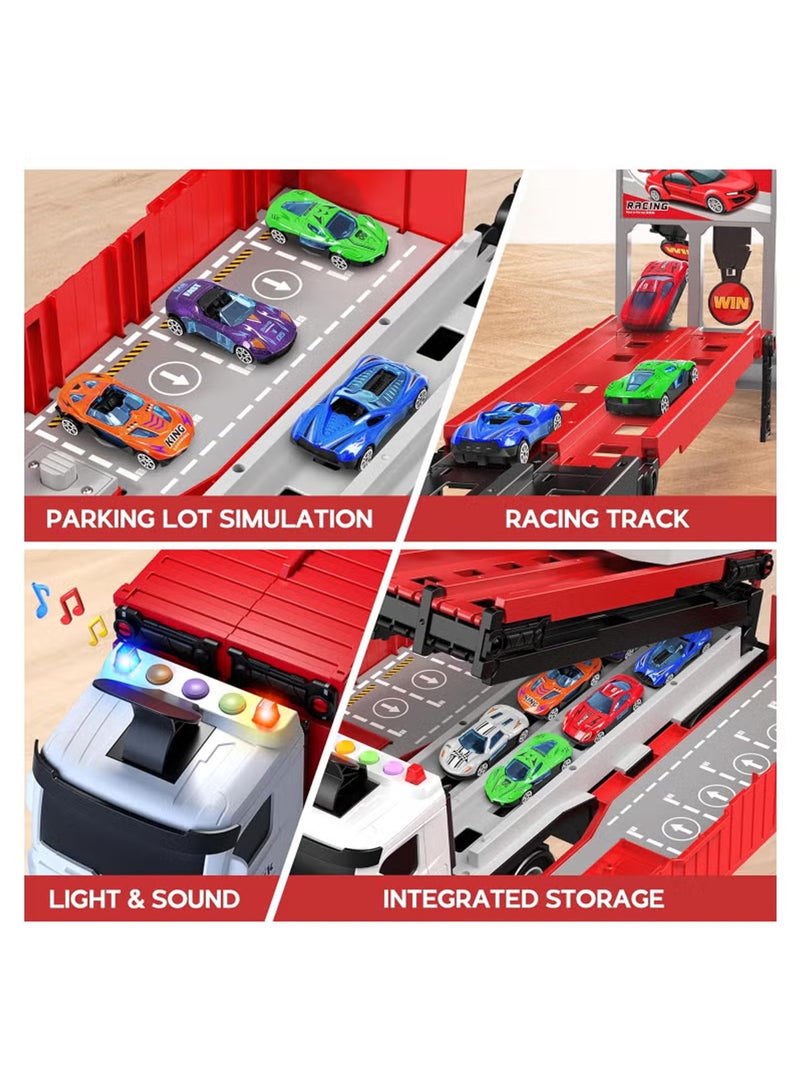 Race Car Track Toy Truck Toy with Slots & Foldable Race Tracks Transport Car Carrier Toy for Toddlers Cars Toy Set Container Truck Toy with 8 Alloy Cars Vehicles Toy Set for 3+ Kids Boys Girls