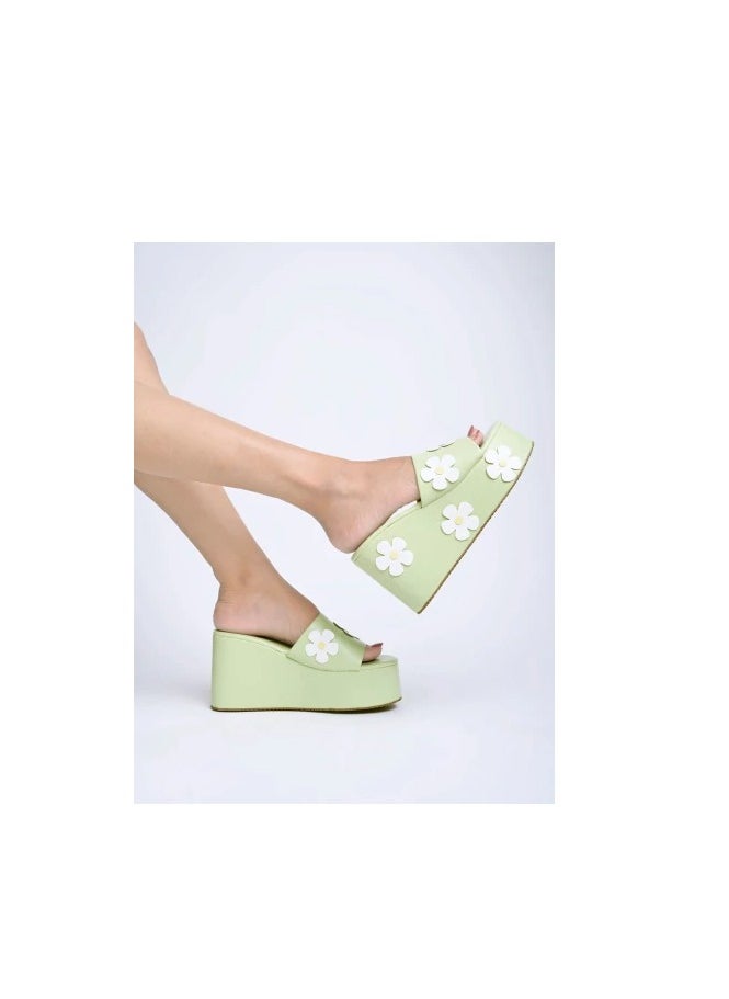 Flower Printed Detailed Green Platform Heels For Women & Girls